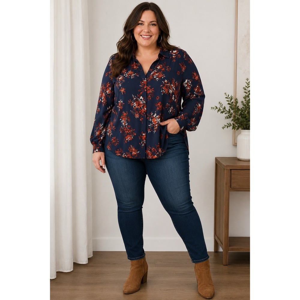 NYDJ 3X Navy Floral Blouse Long Sleeve Collared V-Neck Plus Size Top